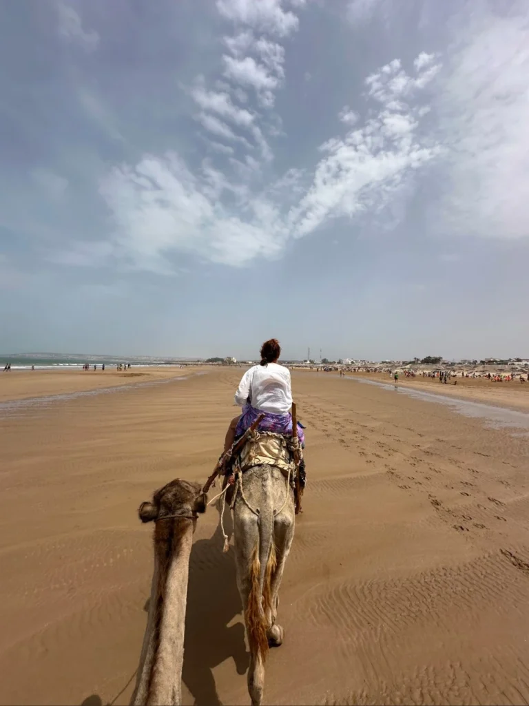 Person riding a camel along a wide sandy beach in Essaouira, with the ocean and coastal town visible in the distance